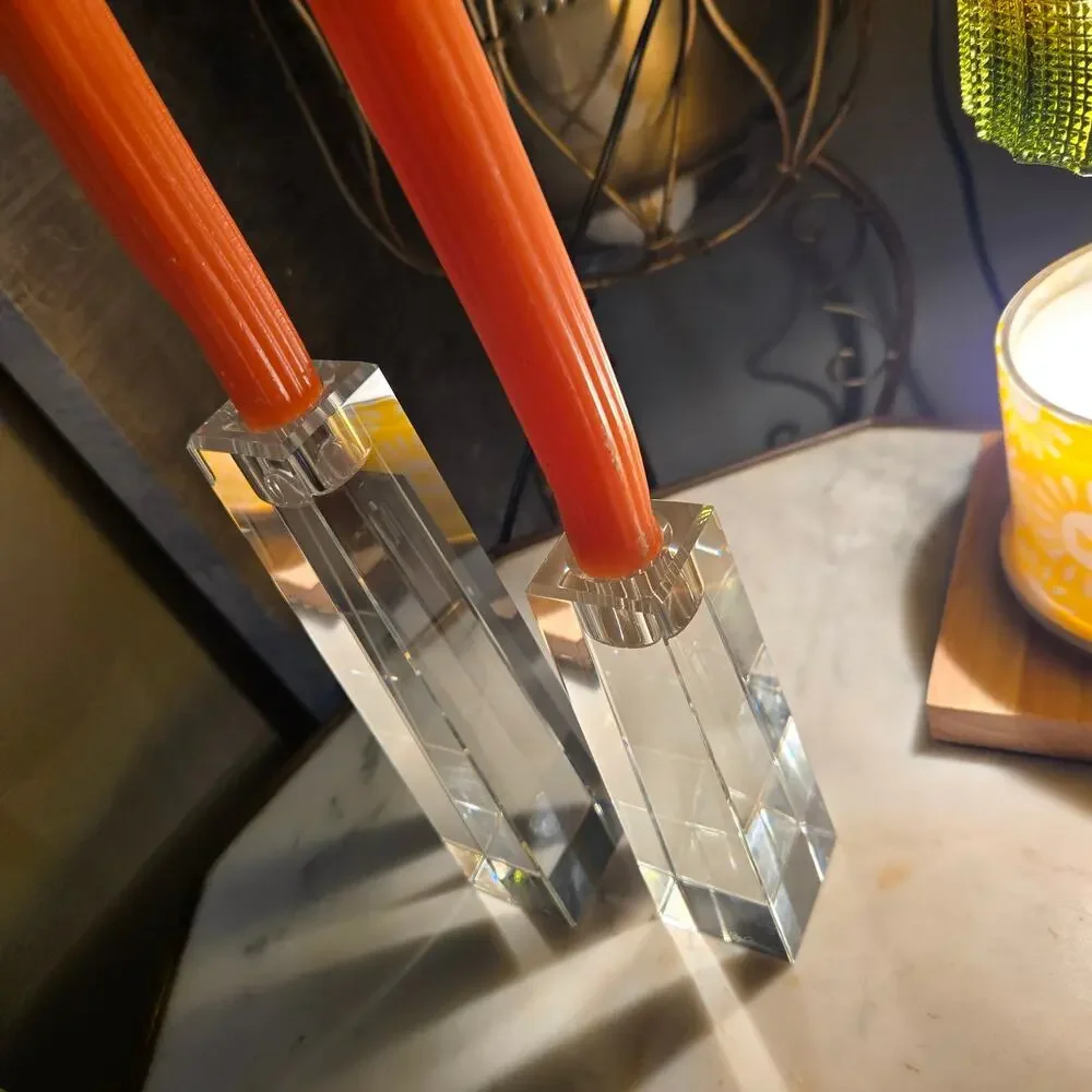 Oleg Cassini Signed Crystal Column Candlestick Holders Pair 6